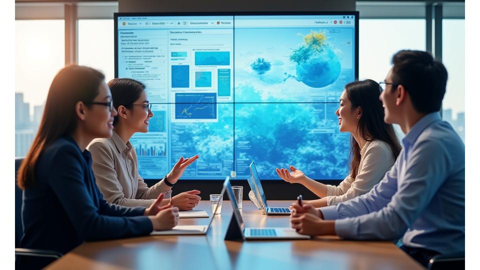 多様なバックグラウンドを持つチームメンバーが円卓で活発な議論を交わしている様子。