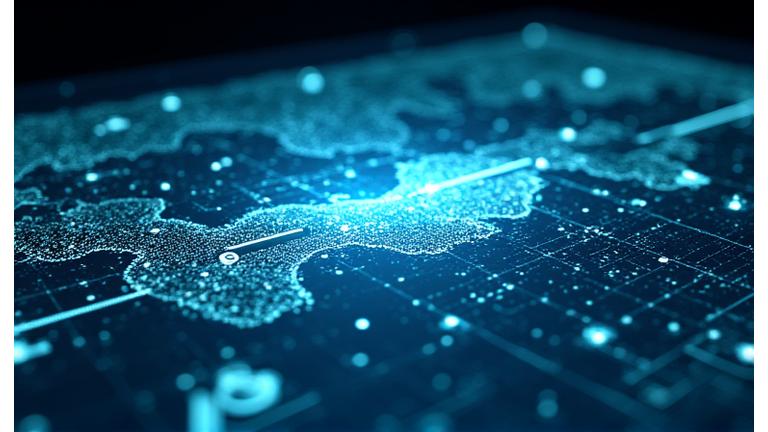 AIが海洋ロボットの複雑な航路をリアルタイムで分析・調整する様子を示すサイバーなインターフェース