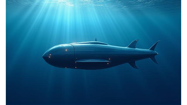 深海を遊泳する魚型に近い流線型の自律型無人潜水機（AUV）