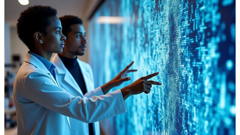 海洋物理学者と生物学者が統合されたデータコンソールを囲み、海洋データ分析に没頭している様子