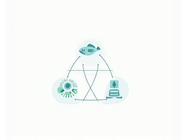 持続可能な漁業を象徴するアイコン、魚、地球、そしてAIのシンボルが融合したデザイン