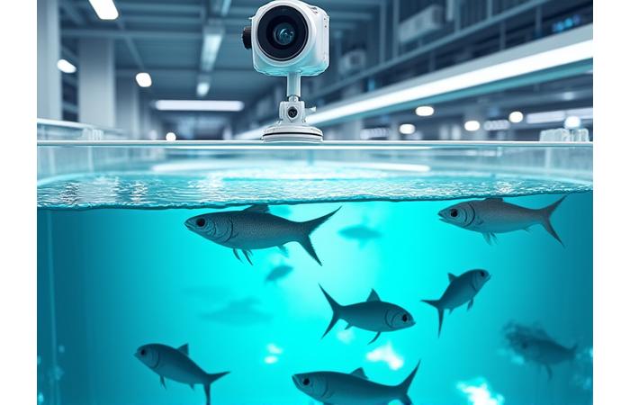 陸上養殖施設でAIカメラが魚を監視している様子