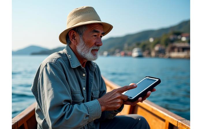 伝統的な漁船に乗る漁師が小型デバイスでデータを確認