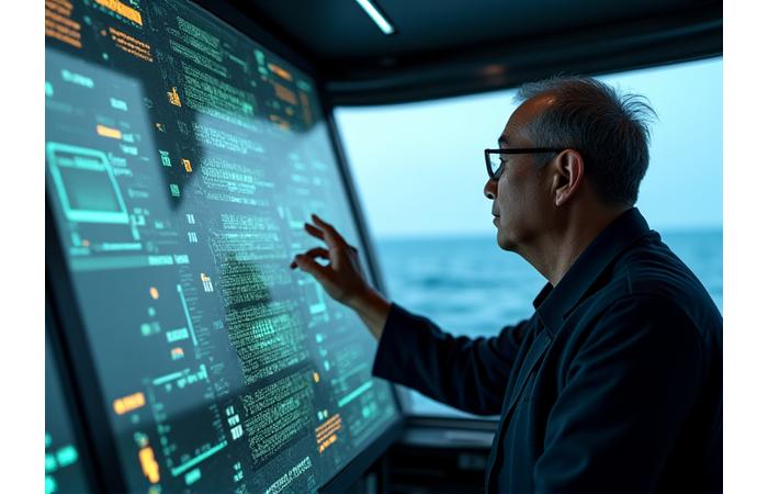 商業漁船のブリッジで操業システムを操作する船長