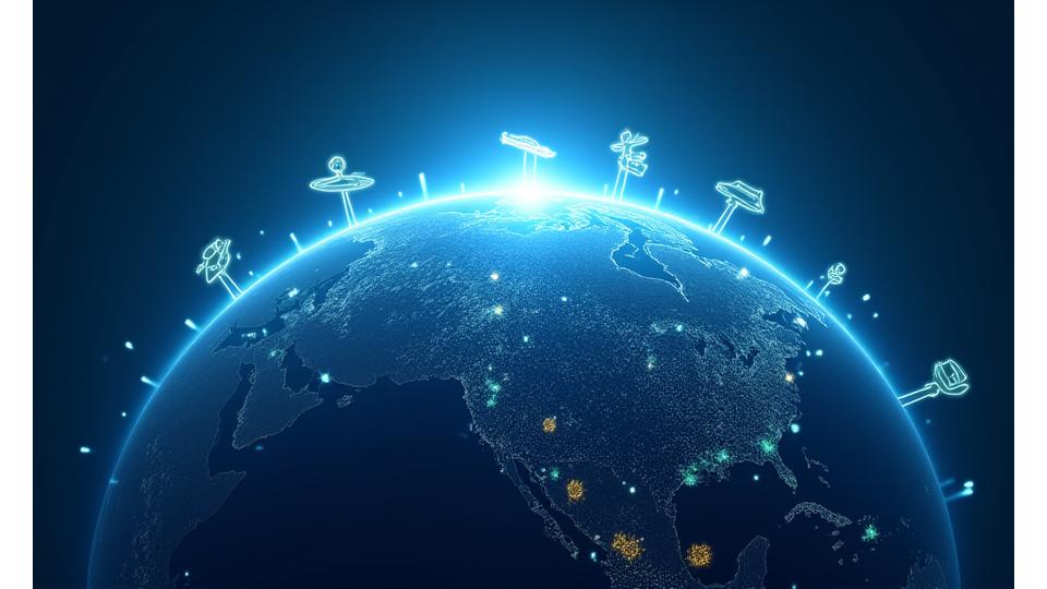 世界地図上に様々なデータソースが統合されている様子を示す視覚化