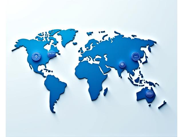 世界地図の上に、様々な国際認証ロゴ（HACCP, ISO, MSCなど）と各国の国旗（EU, USA, Chinaなど）が配置され、それらがブロックチェーンでつながっているイメージ。