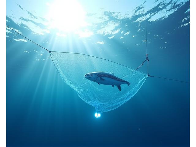 透明な海の中で、AIセンサーが組み込まれた次世代型釣り網のコンセプトイメージ